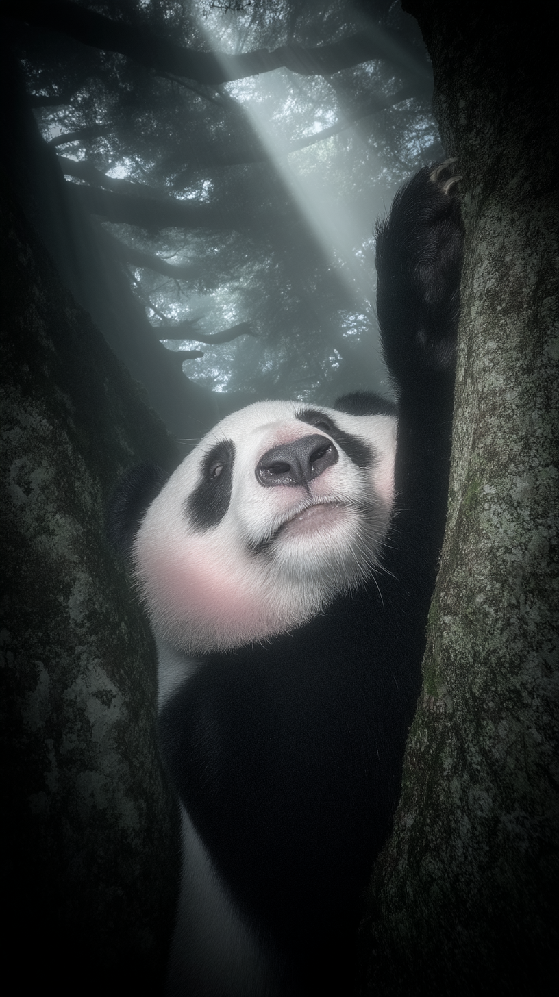 Panda gigante escala uma árvore em floresta nebulosa, com raios de luz atravessando a folhagem, evocando uma atmosfera mágica e contemplativa.
