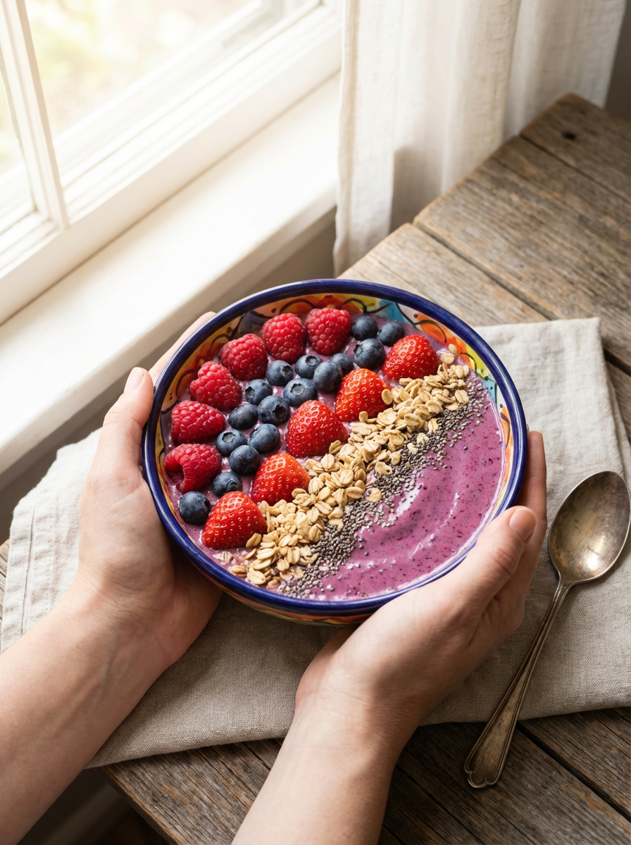 A vibrant smoothie bowl topped with fresh berries and granola
