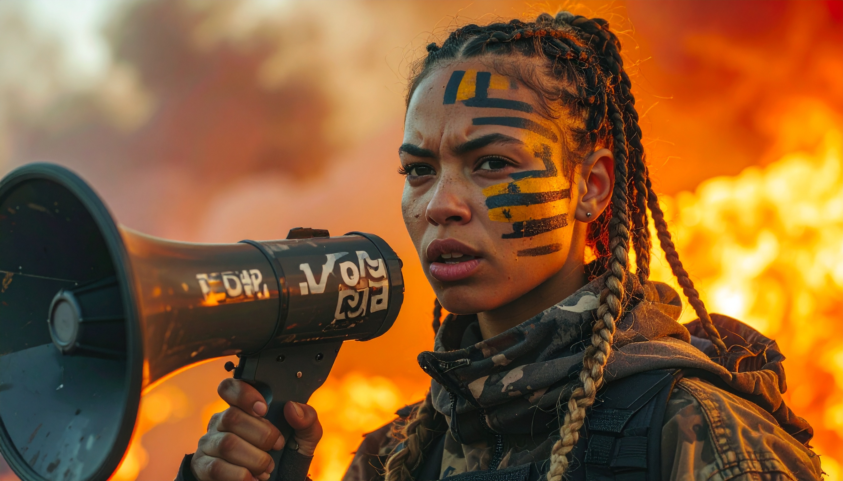 A determined individual with face paint holds a megaphone against a fiery backdrop