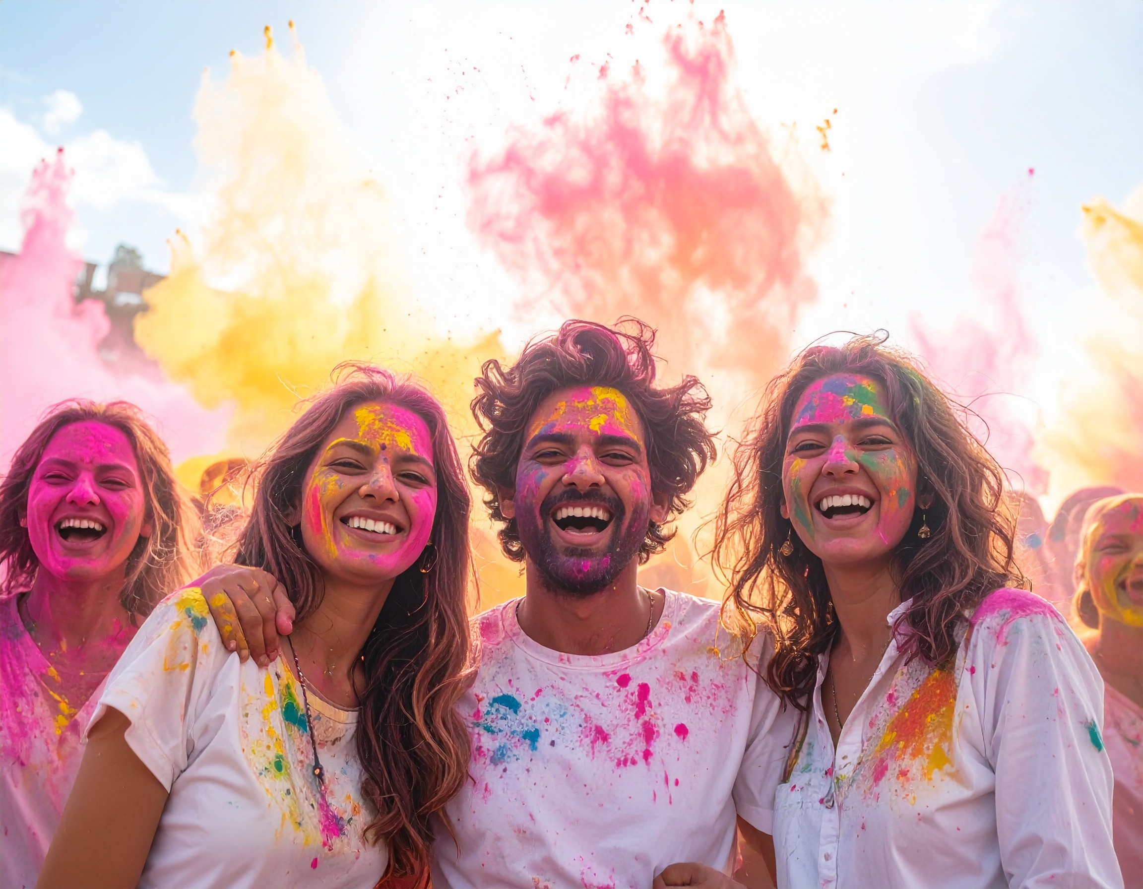 A vibrant celebration with people covered in colorful powders, smiling joyfully