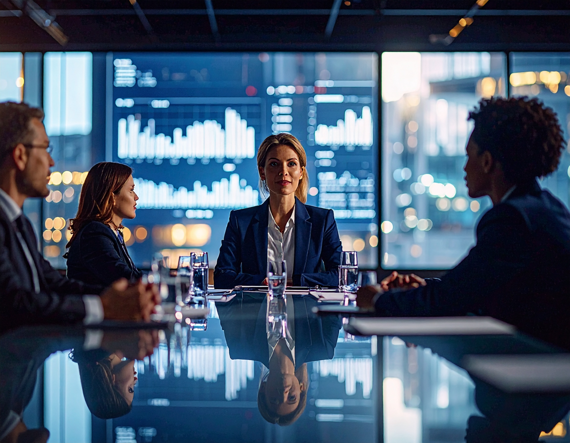 Reunião de negócios em sala moderna com quatro pessoas em trajes formais ao redor de uma mesa de vidro. Luz ambiente suave e gráficos digitais iluminam o fundo, criando uma atmosfera de foco e profissionalismo. O reflexo na mesa adiciona profundidade e elegância à composição.