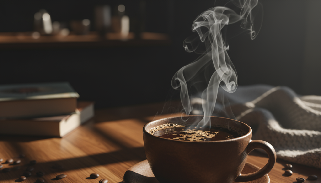 A steaming cup of coffee sits invitingly on a wooden table, bathed in soft morning light