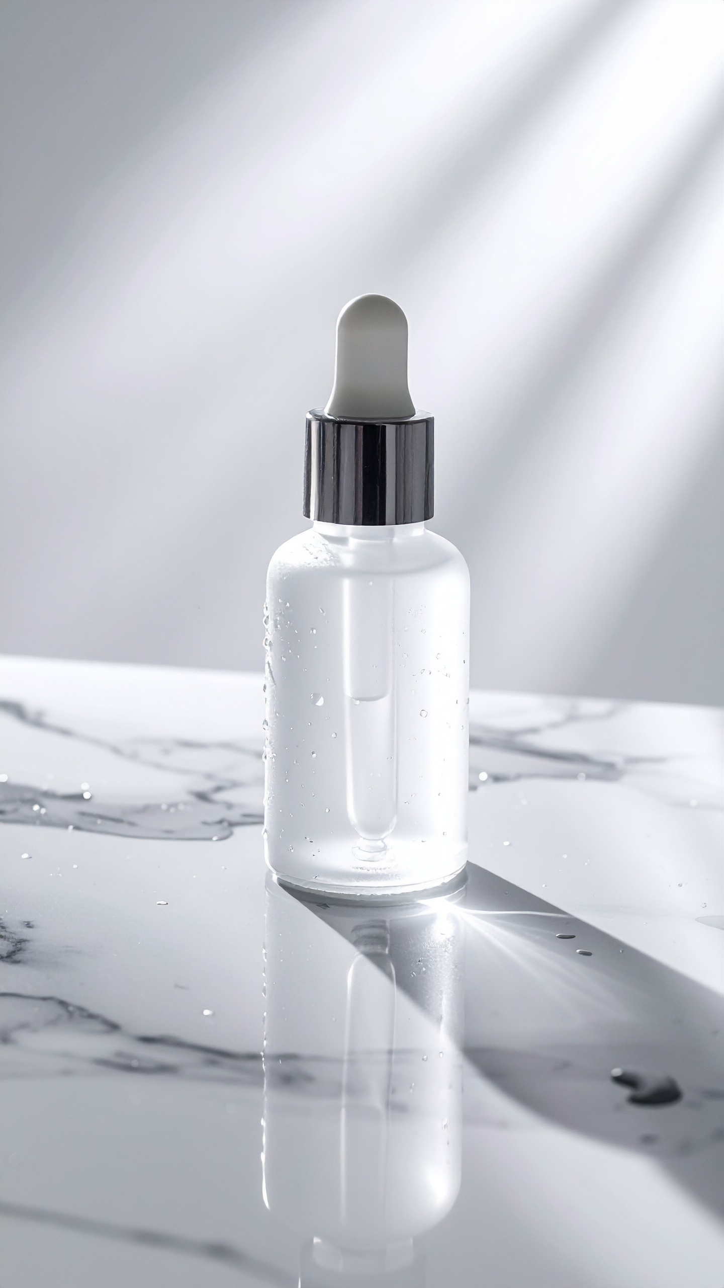 A sleek glass dropper bottle stands on a white marble surface, capturing elegant simplicity