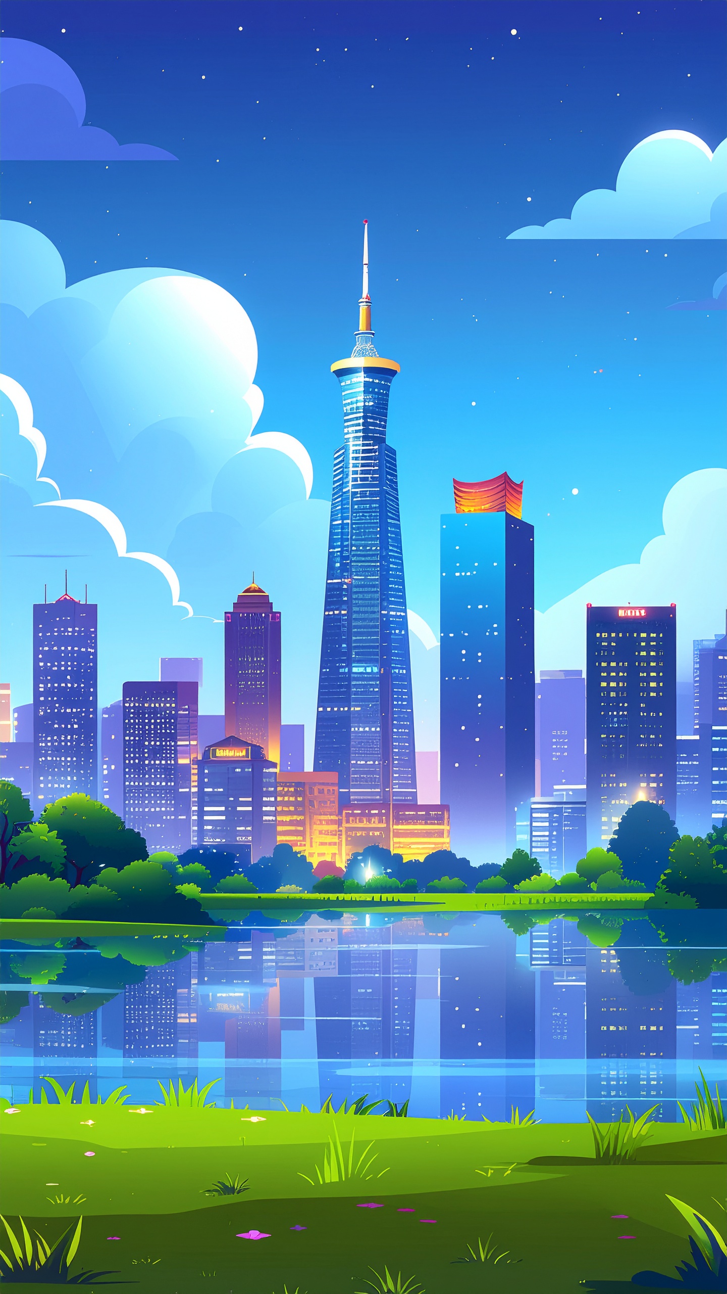 A vibrant city skyline reflects in a calm urban lake under a clear sky