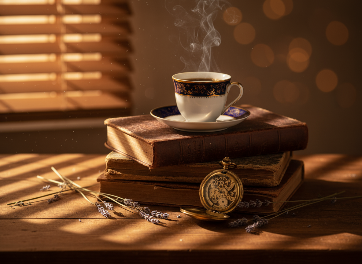 Xícara de chá fumegante sobre livros antigos em mesa de madeira. Esta composição evoca um ambiente de tranquilidade e contemplação, ideal para momentos de leitura ou relaxamento. A luz suave e o relógio de bolso adicionado conferem um toque vintage e nostálgico à cena. Perfeito para ambientes aconchegantes ou displays de decoração clássica. O contraste entre os detalhes dourados da xícara e os tons terrosos dos livros cria uma estética visualmente rica.