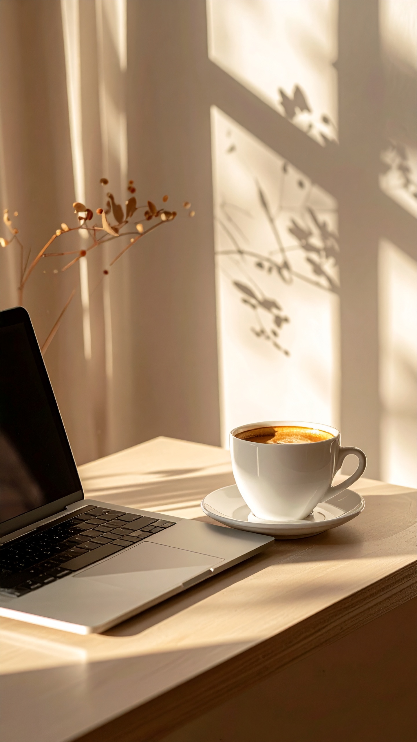 Luz suave do sol projeta sombras delicadas em uma mesa de madeira clara com um laptop e uma xícara de café, criando uma atmosfera serena.