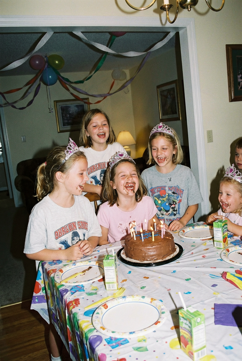 A lively children's birthday party features joyful kids gathered around a chocolate cake topped with