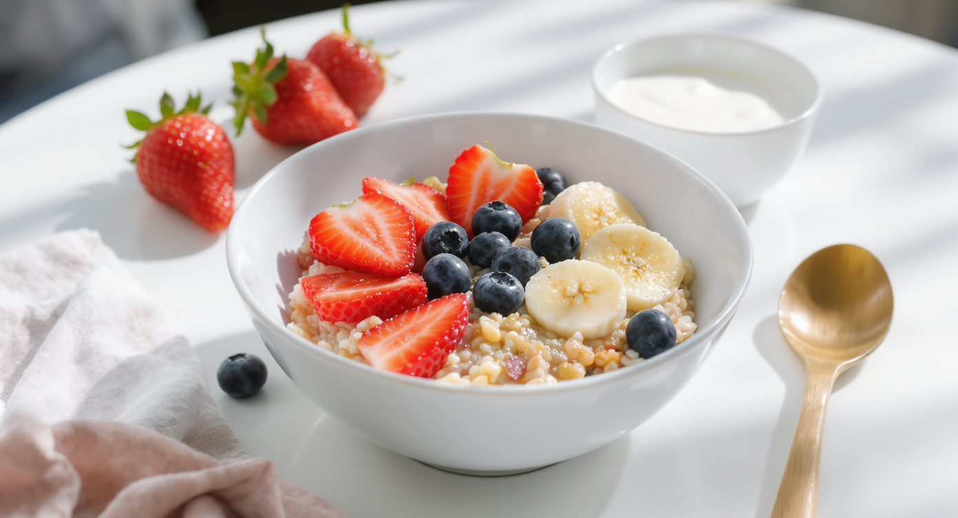 Bowl of Fresh Fruit Cereal with Strawberries, Blueberries, and Bananas