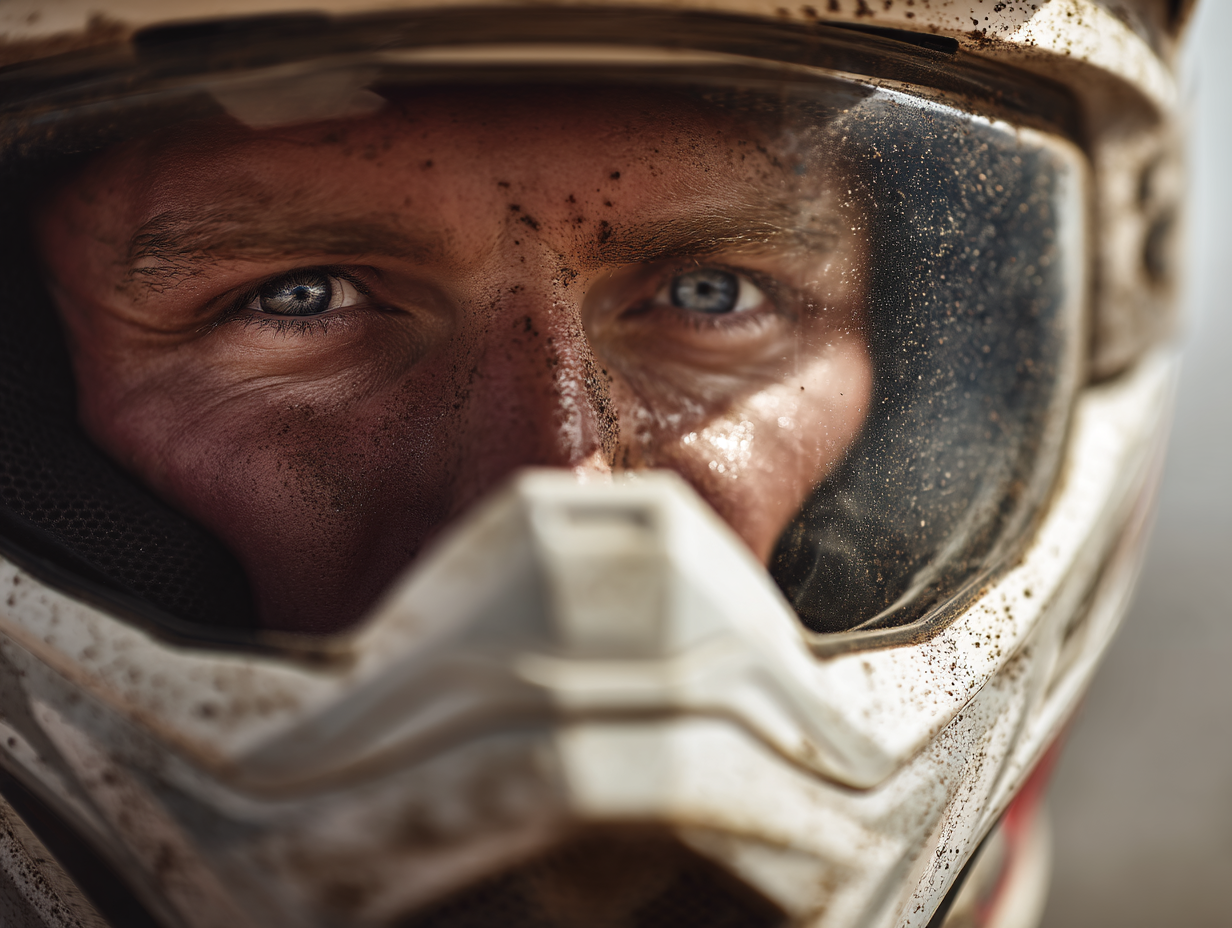 A imagem retrata um close-up intenso de um rosto coberto de sujeira, com um capacete de proteção. Os olhos são de um azul profundo, contrastando com a pele avermelhada e os resíduos de terra e poeira. O visor do capacete está sujo, refletindo um ambiente árido. A luz incide de forma a destacar as texturas da sujeira e da pele.