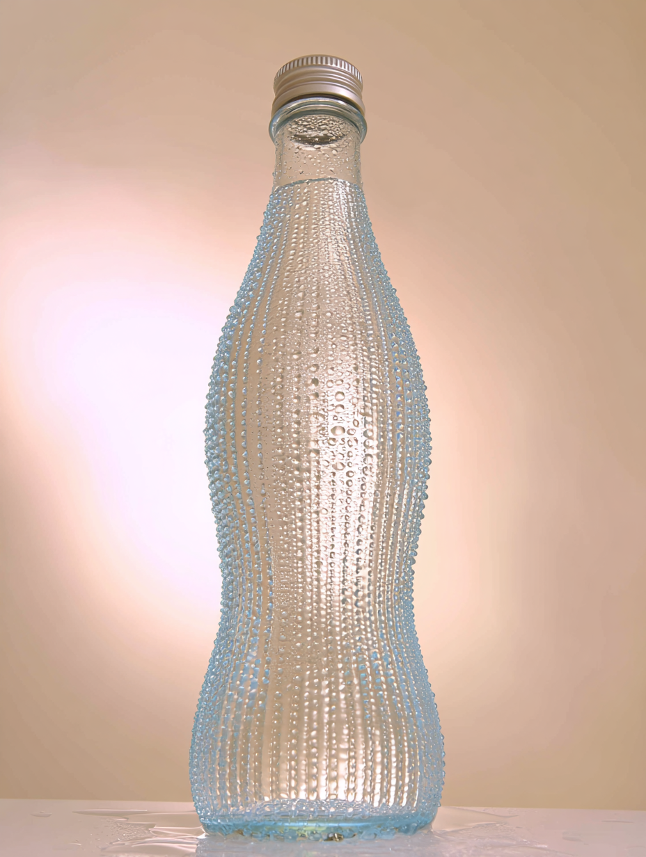 Garrafa de vidro estilizada com textura em relevo, coberta por gotas de água, destacando-se em fundo neutro iluminado. A iluminação suave cria uma atmosfera refrescante e limpa, enfatizando o design moderno e elegante da garrafa. A composição verticalizada e o foco nítido realçam o formato curvilíneo e o efeito translúcido do material.