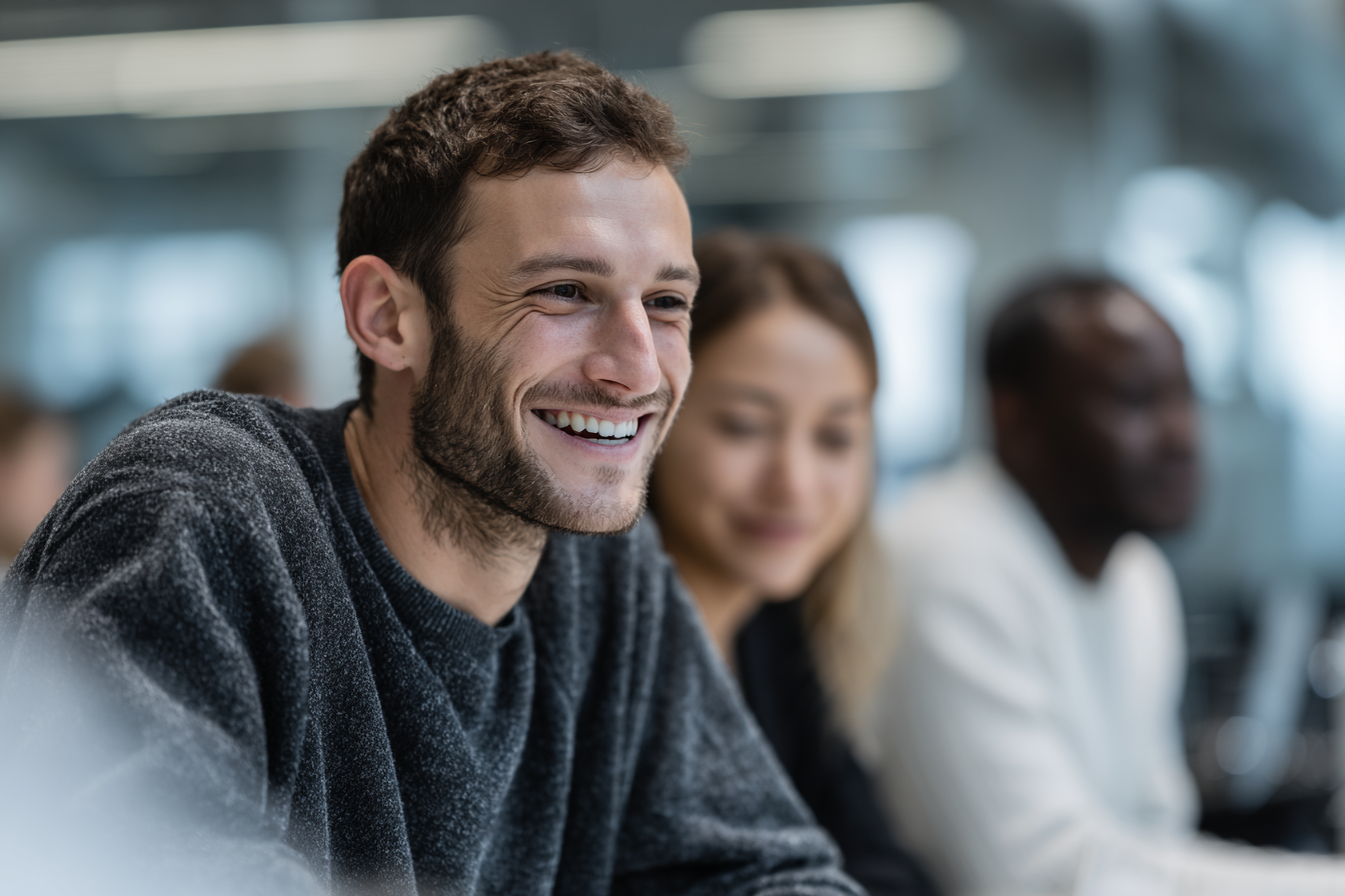 Um grupo de pessoas sorrindo durante uma atividade em um ambiente de escritório moderno. Um homem de cabelo curto e barba está em primeiro plano, exibindo um sorriso amigável, enquanto duas outras pessoas, uma mulher com cabelo claro e um homem com pele escura, estão ao fundo, participando da interação. A imagem captura um momento de colaboração e felicidade em um ambiente de trabalho.