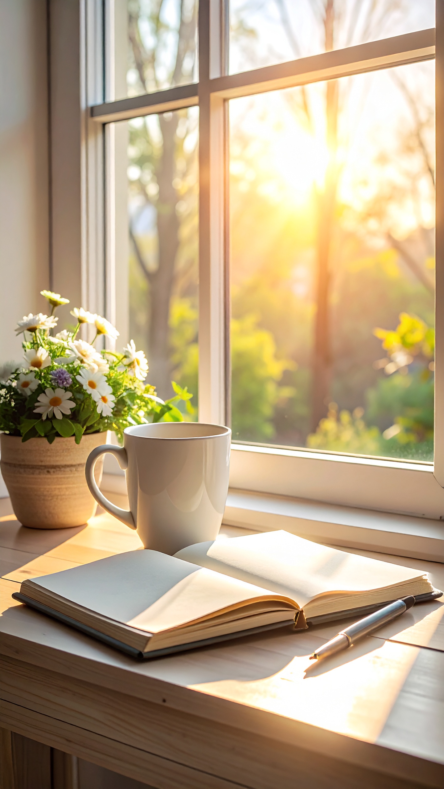 A warm morning light filters through a window, illuminating a peaceful scene of a white