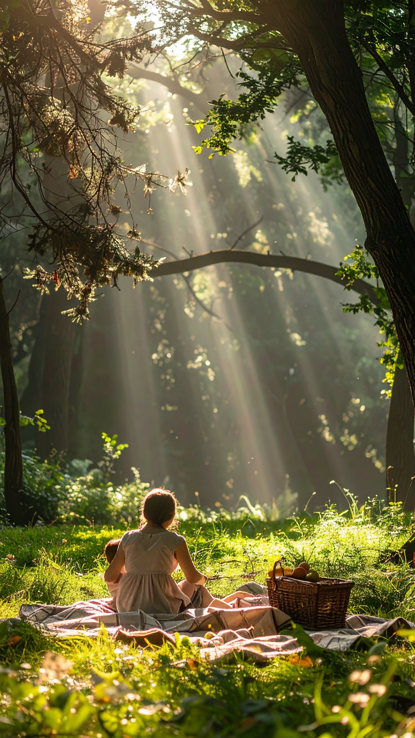 A serene forest scene with sunlight streaming through the trees illuminates a peaceful picnic settin