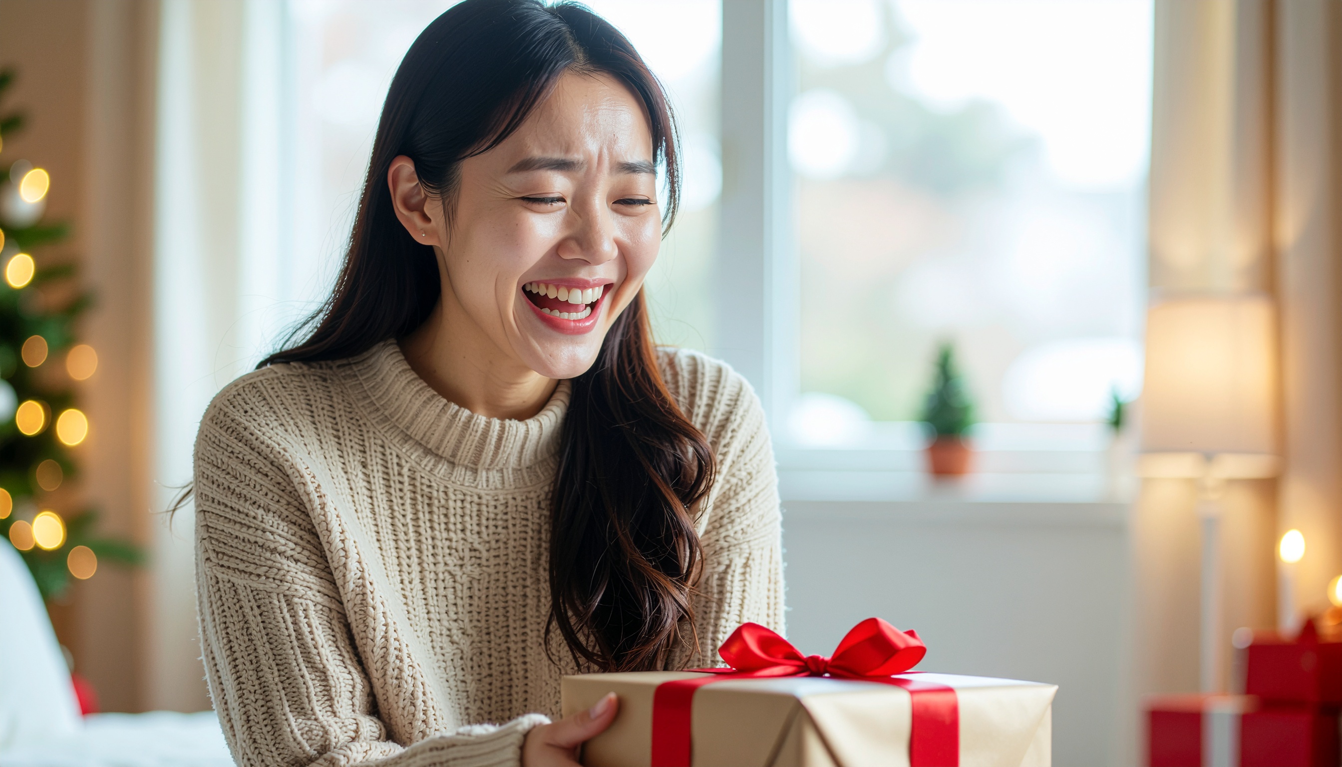 Mulher sorridente segurando um presente embrulhado com fita vermelha em uma sala iluminada por luz natural, decoração natalina ao fundo com árvore de Natal e luzes desfocadas, criando uma atmosfera festiva e acolhedora. O foco suave destaca a expressão de felicidade da mulher, enquanto a composição equilibrada enfatiza o momento de alegria e celebração.