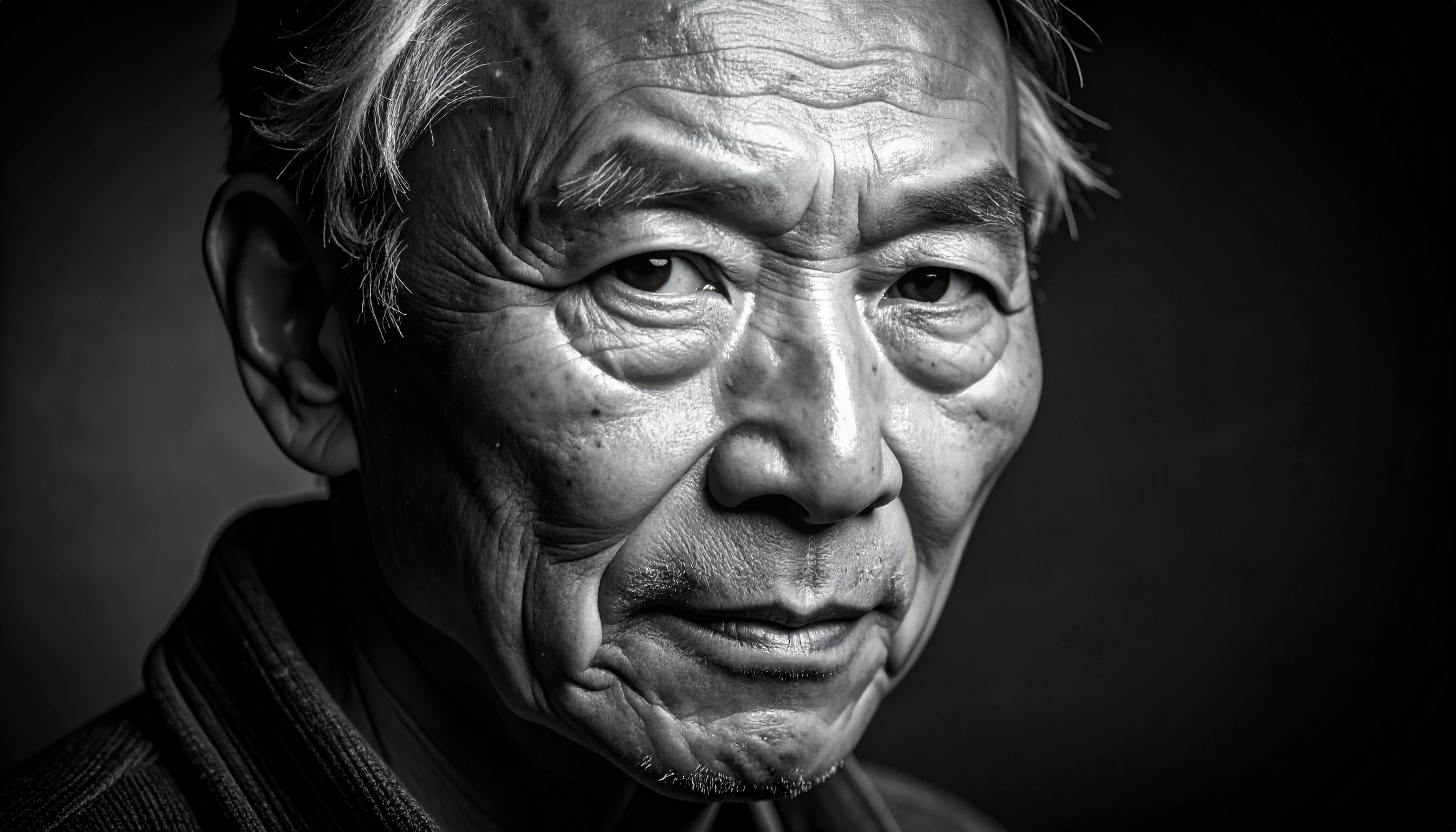 A striking black-and-white portrait of an elderly person with deep lines and expressive eyes, highli
