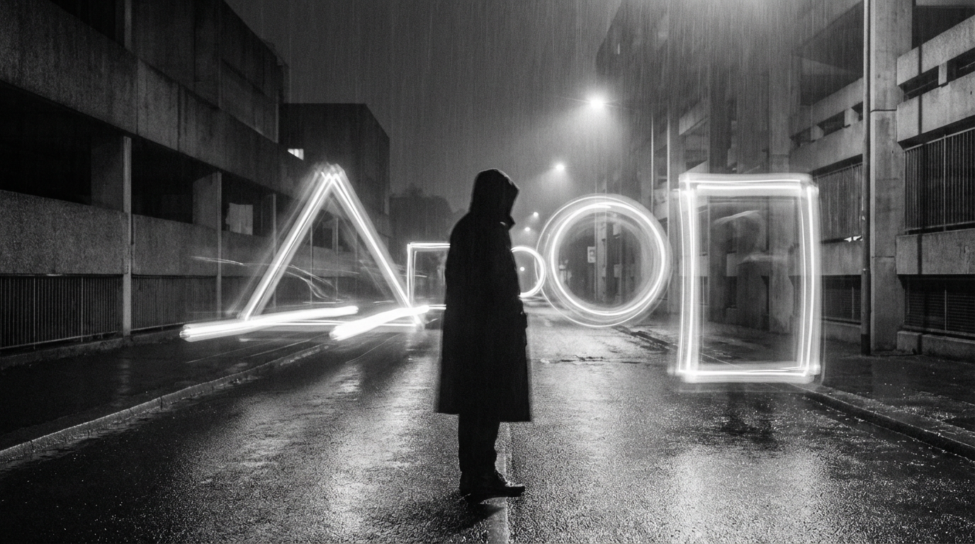 A silhouette stands amidst glowing geometric light shapes on a rainy street
