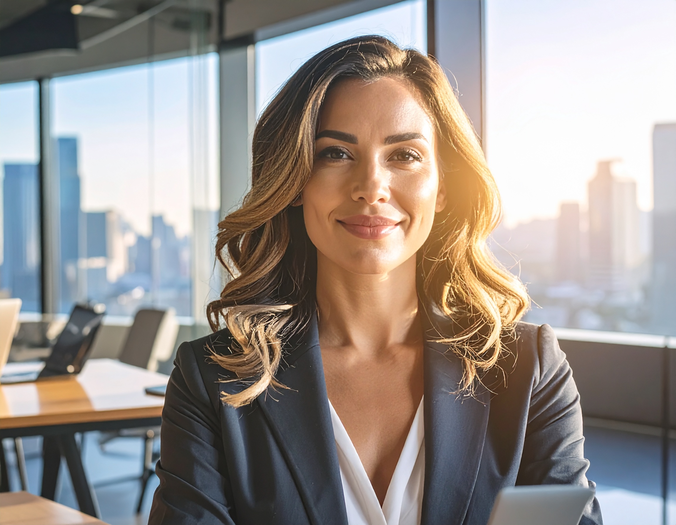 Smiling Woman in Modern Office with Large Glass Windows