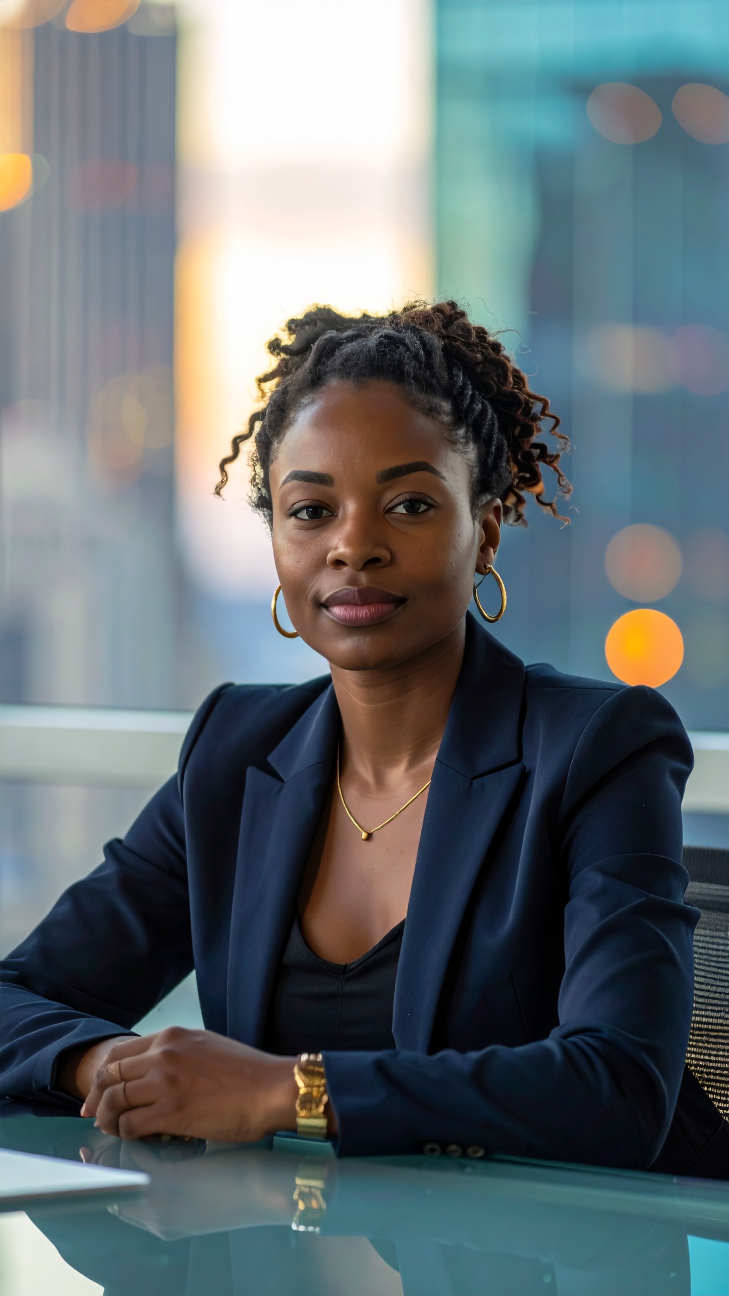 A professional woman sits confidently at a glass-topped desk in an office with city views