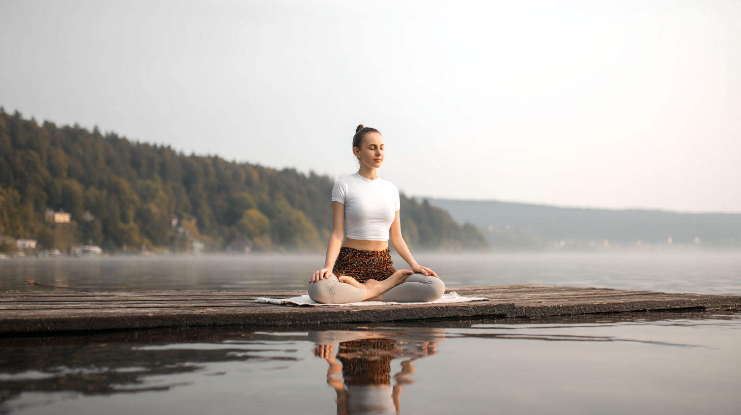 Mulher sentada em posição de meditação sobre um deque de madeira à beira de um lago. A cena transmite serenidade, com iluminação suave de fim de tarde e reflexo na água calma. Ao fundo, uma floresta densa e montanhas embaçadas criam um ambiente de tranquilidade e introspecção.