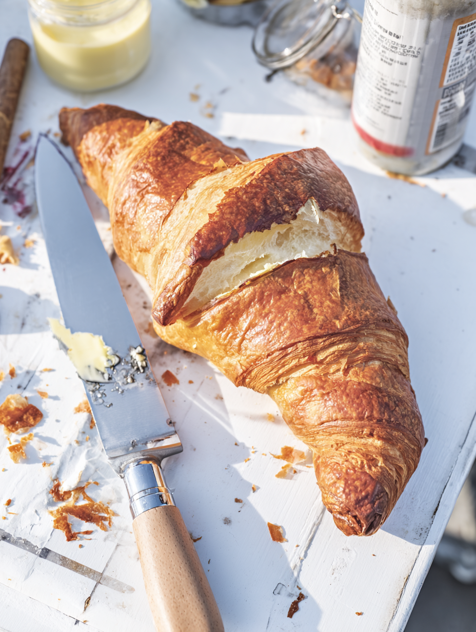 Croissant dourado e crocante sobre uma mesa branca, acompanhado de uma faca com manteiga. A luz natural destaca as texturas e o brilho do croissant, enquanto migalhas ao redor sugerem frescor. O fundo desfocado apresenta frascos e potes, contribuindo para uma atmosfera de café da manhã caseiro e acolhedor.