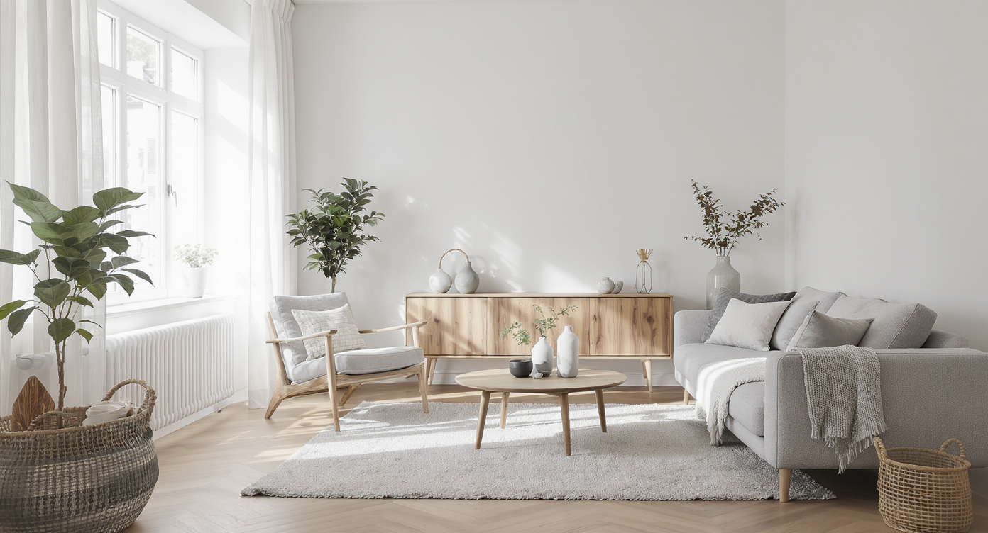 A bright, minimalist living room with Scandinavian design elements features a cozy gray sofa, a