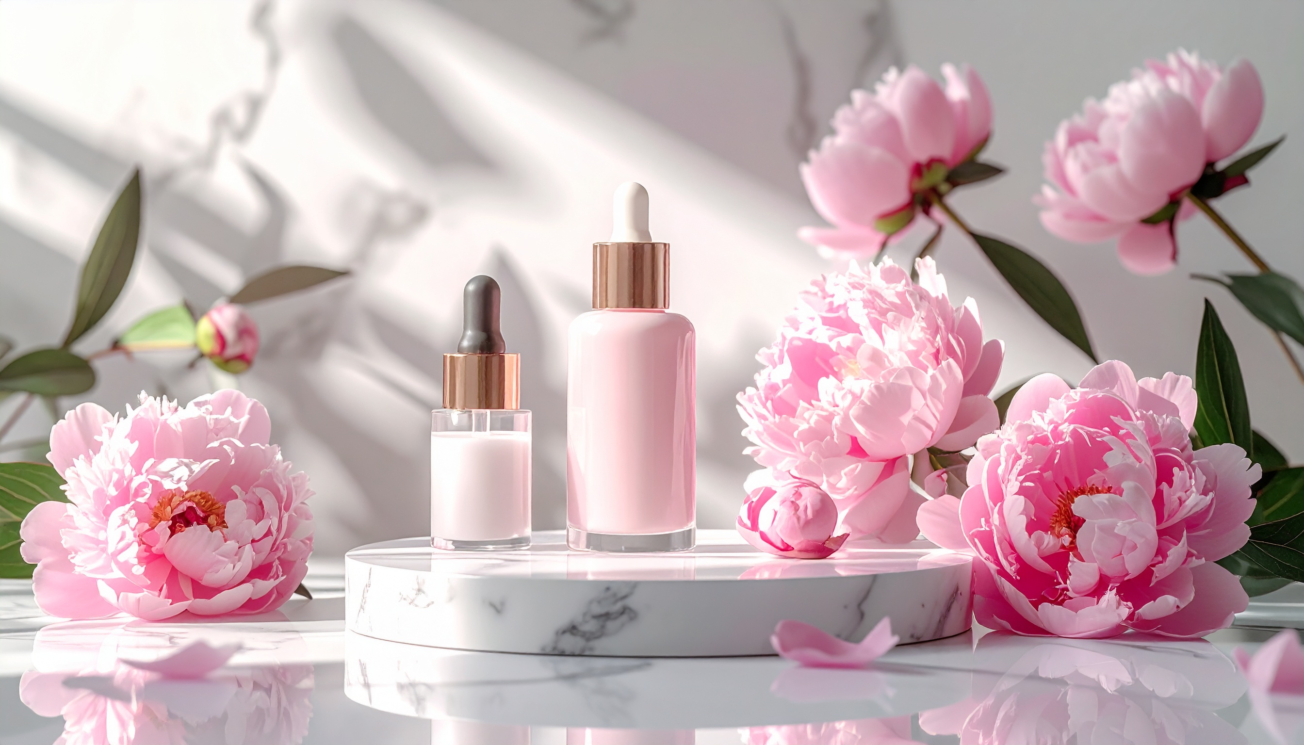 Frascos elegantes de cosméticos sobre plataforma de mármore, cercados por peônias rosa em plena floração. Iluminação suave e natural cria reflexos delicados, destacando a textura e o brilho dos recipientes. Composição harmoniosa e minimalista, evocando uma sensação de luxo e frescor.