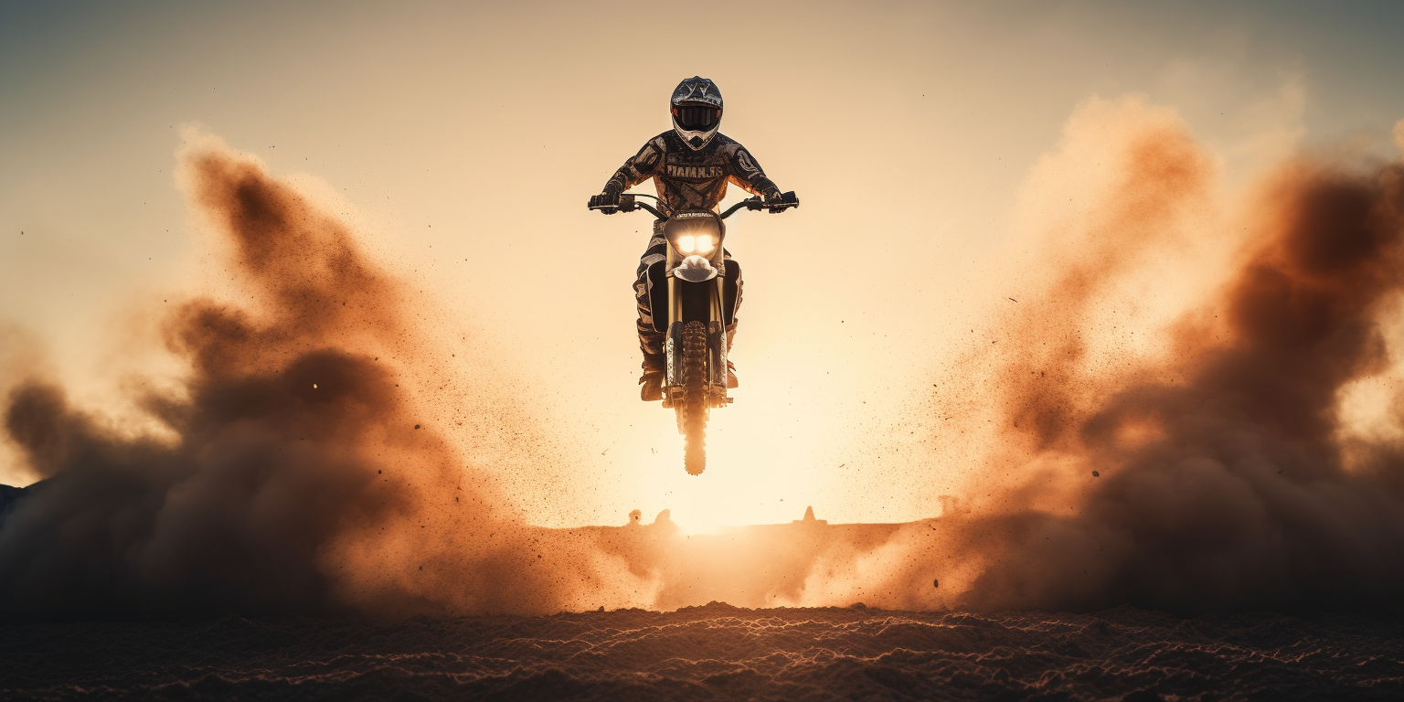 A imagem retrata um motociclista saltando sobre uma superfície arenosa com uma explosão de poeira ao seu redor, iluminado pela luz suave do pôr do sol. As cores quentes do céu ao fundo, que variam de amarelo a laranja, contrastam com a silhueta escura da moto e do piloto. A composição vertical enfatiza o movimento ascendente da moto, enquanto a poeira cria uma sensação de dinamismo e energia.