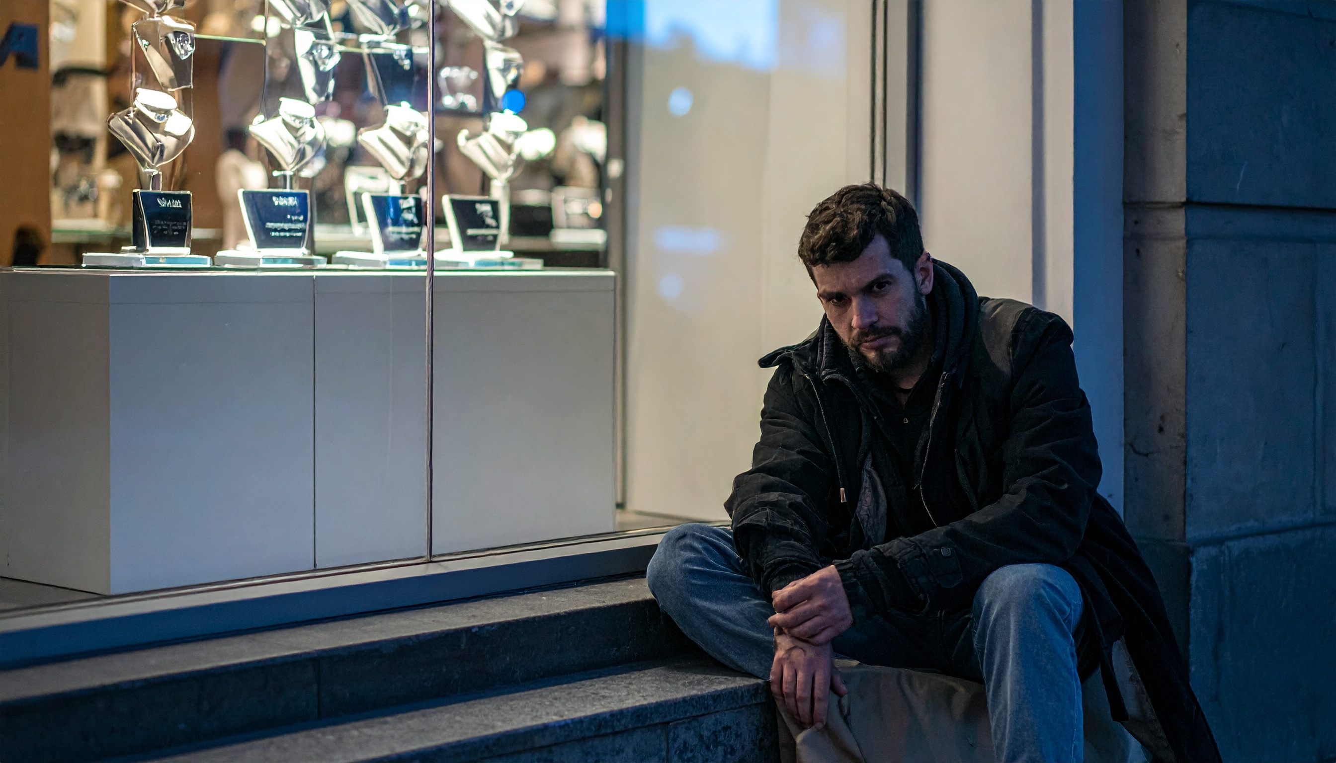 A display of elegant jewelry in a brightly lit window captures attention