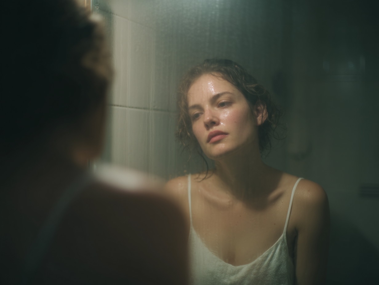 Uma jovem mulher com cabelo cacheado, olhando para o espelho em um banheiro com vapor. A iluminação suave e a umidade nas paredes criam uma atmosfera introspectiva. A mulher parece contemplativa, com gotas de água em seu rosto, sugerindo um momento de reflexão ou vulnerabilidade.