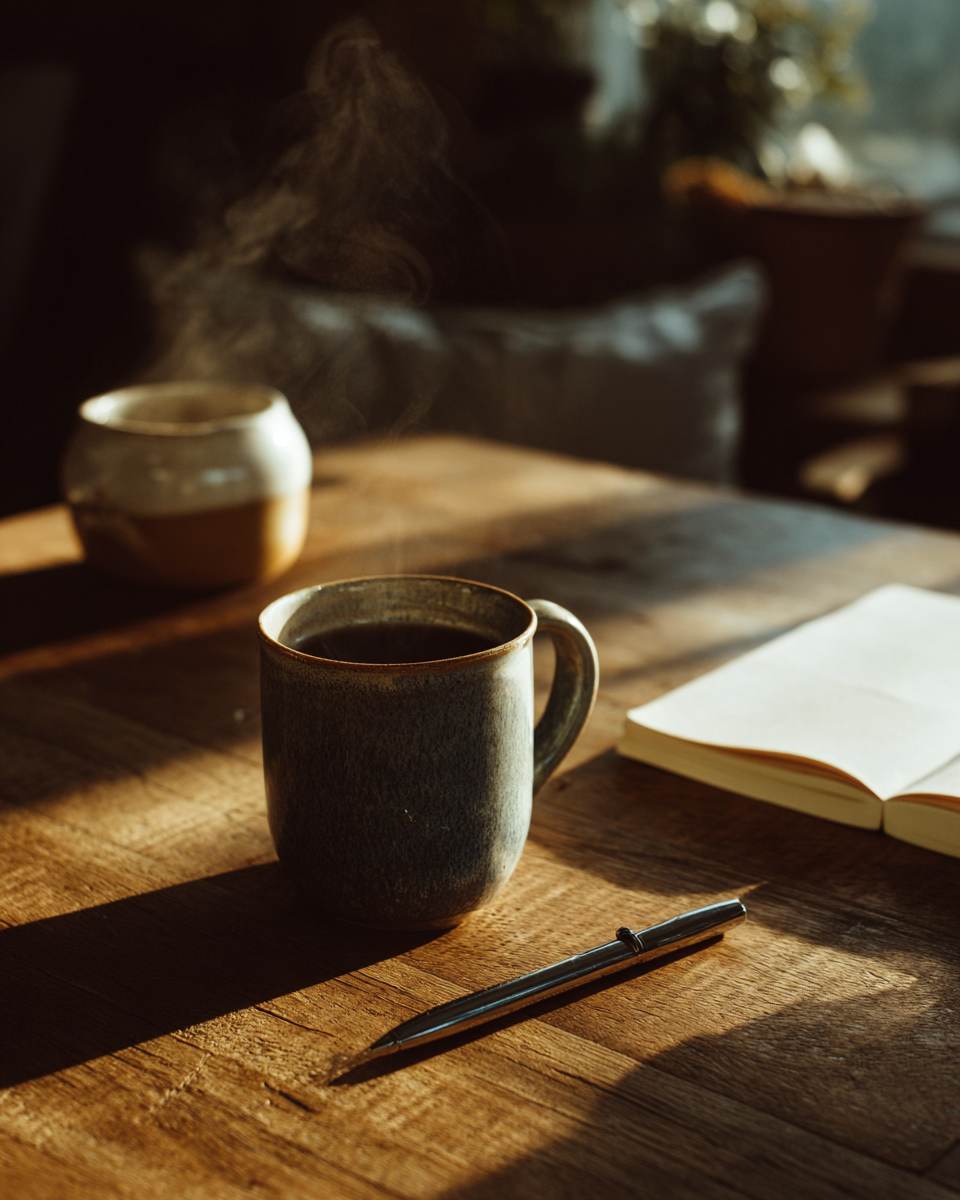 A imagem apresenta uma cena acolhedora com uma mesa de madeira, onde um copo de cerâmica escura com café está em destaque. O copo tem uma borda clara e é texturizado, refletindo a luz suave que entra pela janela. Ao lado, um caderno aberto e uma caneta preta estão dispostos, enquanto um pequeno recipiente de cerâmica claro com um toque de marrom está ao fundo, emitindo vapor. A luz do sol cria sombras longas e quentes sobre a superfície da mesa, aumentando a sensação de tranquilidade.