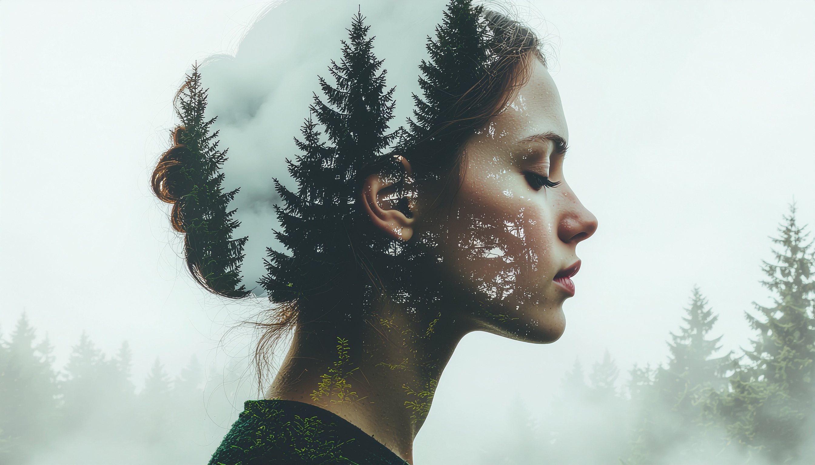 A serene double exposure of a woman's profile blended with evergreen trees