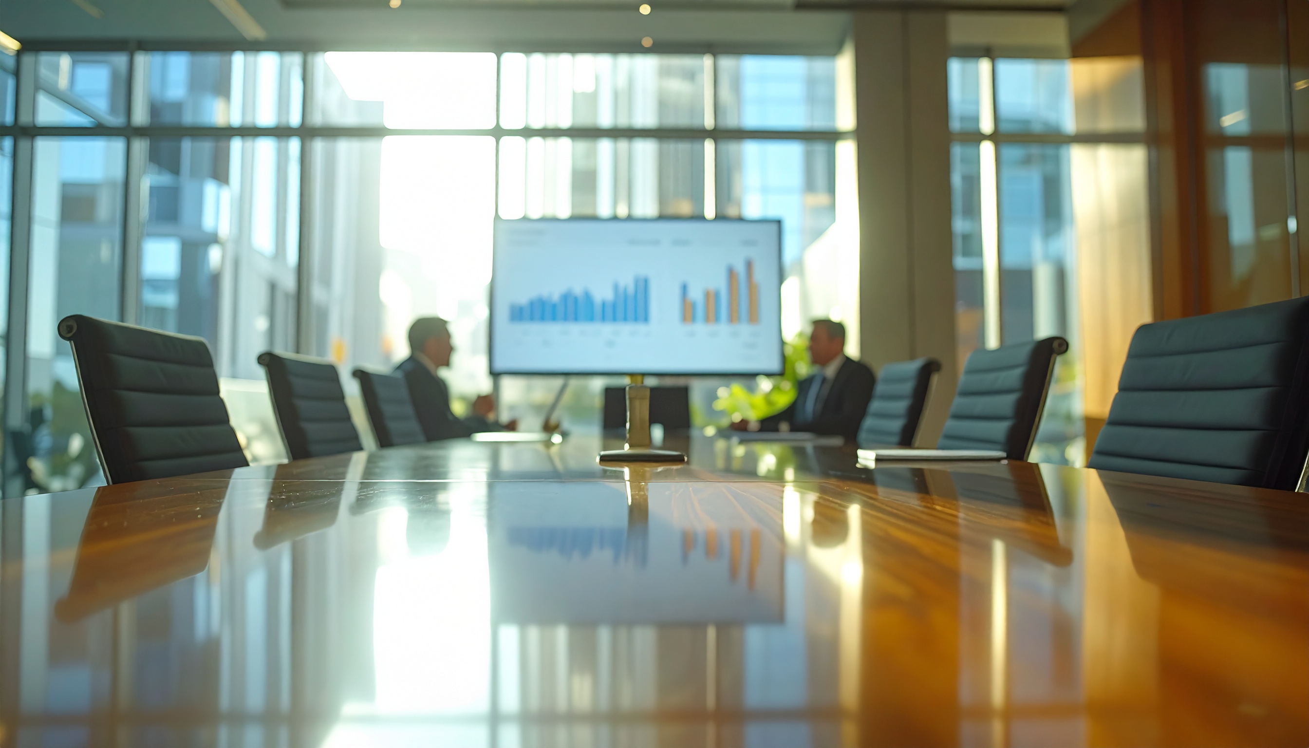 Sala de reunião moderna com mesa de madeira polida refletindo a luz suave, duas silhuetas de pessoas discutindo ao fundo, frente a uma tela com gráficos coloridos, janelas amplas permitem entrada de luz natural, criando uma atmosfera profissional e serena.