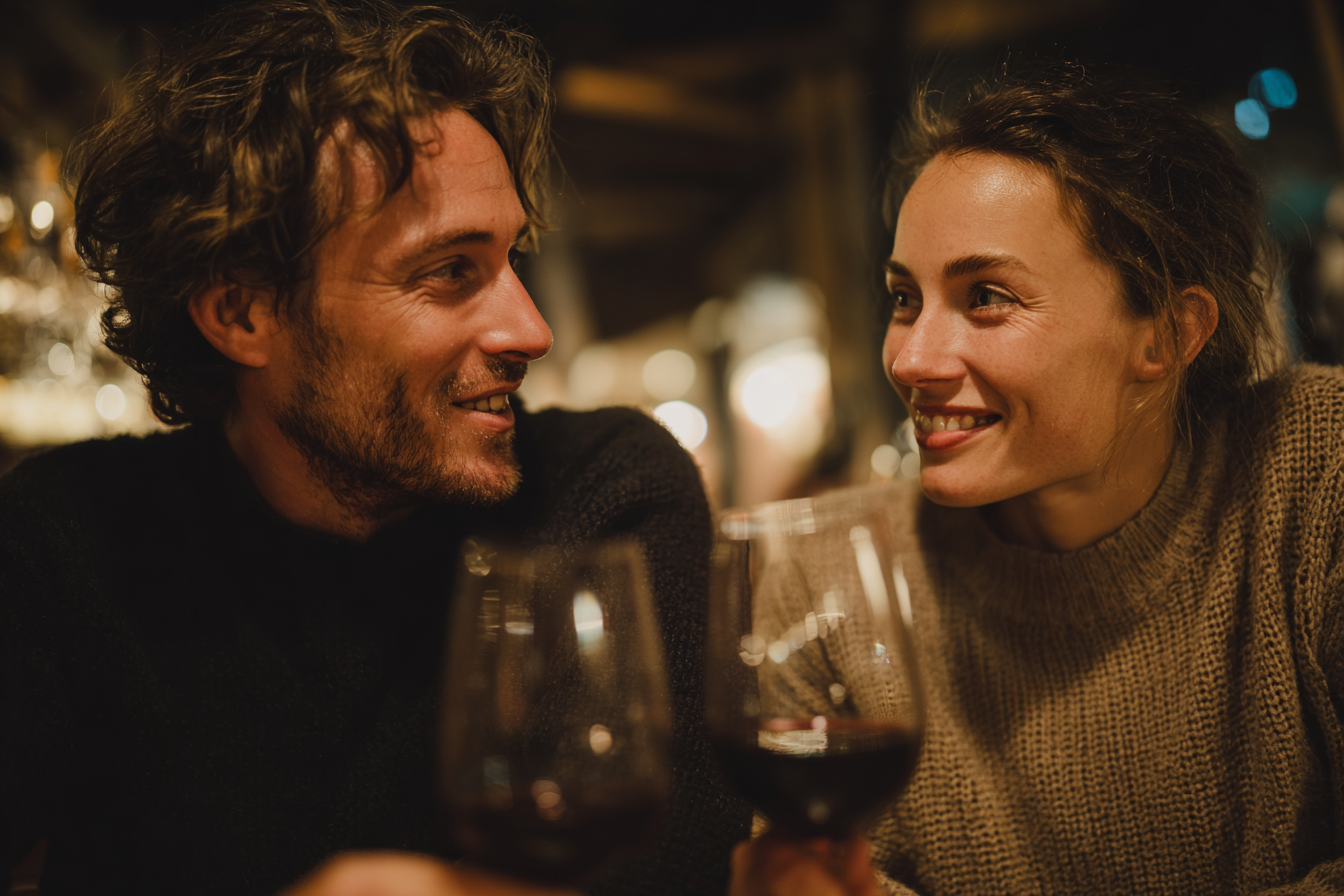 Um casal sorridente desfrutando de uma conversa íntima enquanto segura taças de vinho tinto em um ambiente aconchegante e iluminado. A imagem captura a conexão e o prazer de momentos compartilhados em um bar ou restaurante.