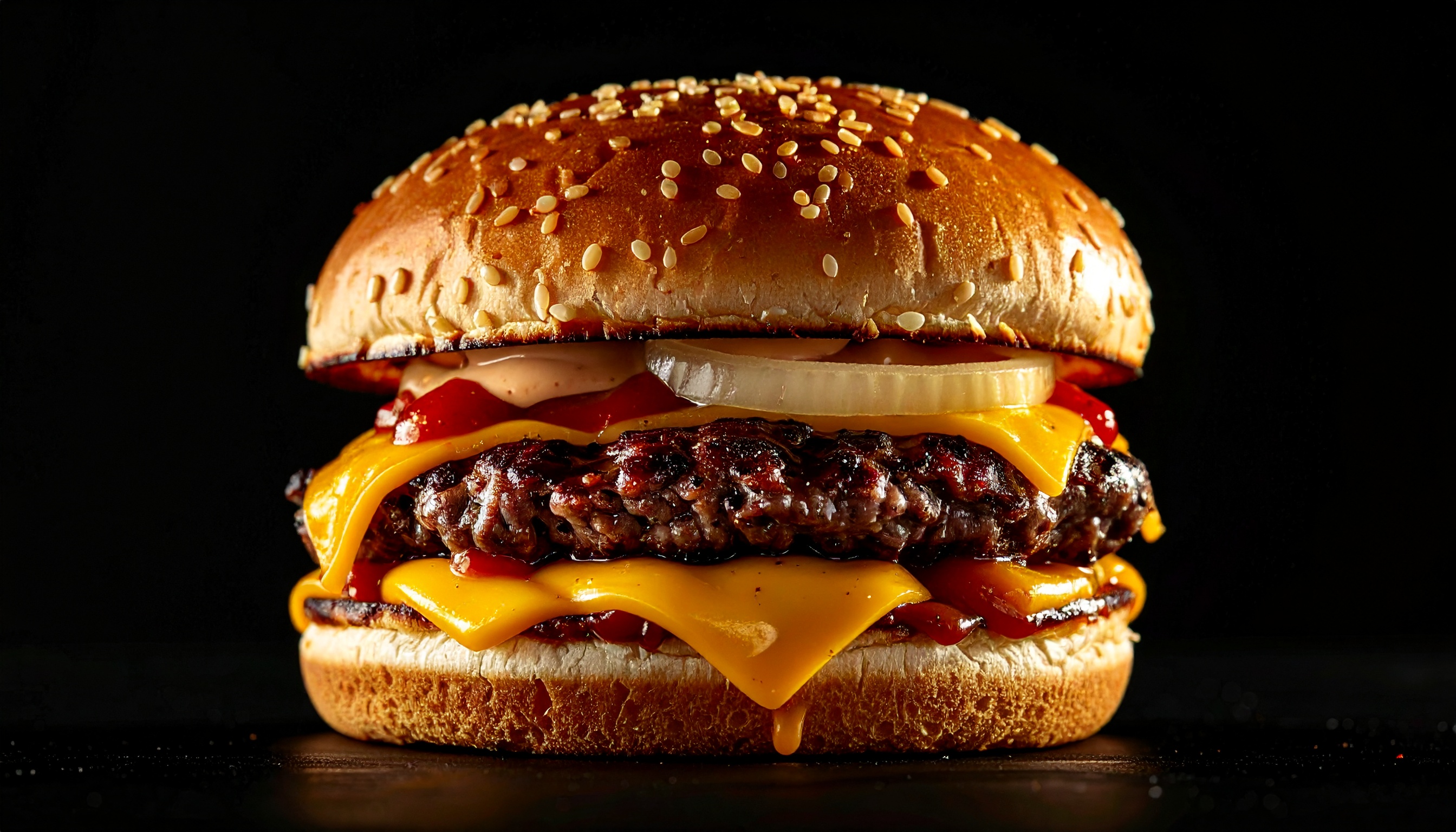 Um hambúrguer suculento em pão de gergelim, com camadas de queijo derretido, carne grelhada, cebola e molhos, destacado contra um fundo preto. Iluminação dramática enfatiza as texturas e cores vibrantes dos ingredientes, compondo uma imagem apetitosamente detalhada e equilibrada.