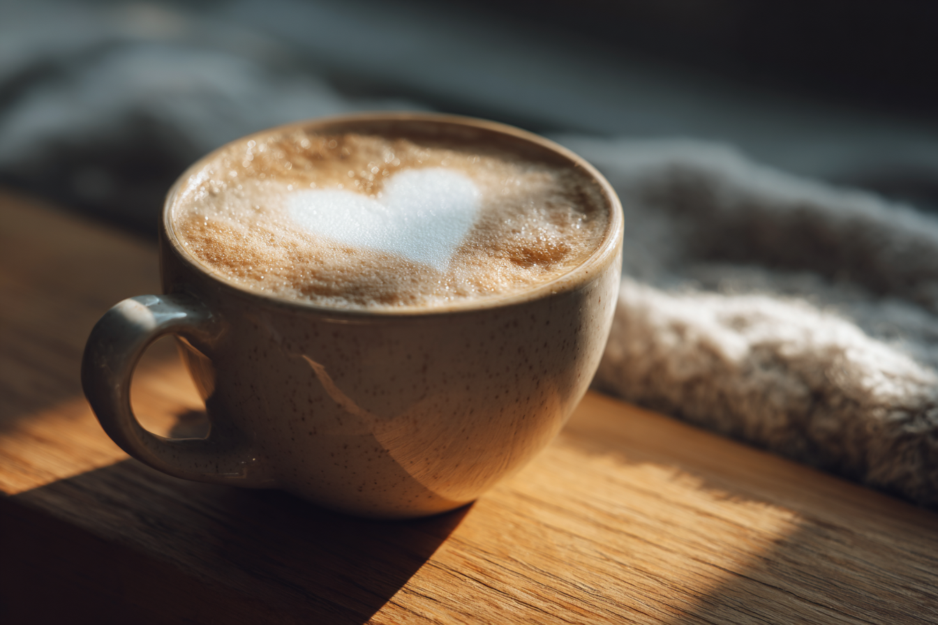 Uma xícara de café com espuma decorada em forma de coração, descansando sobre uma mesa de madeira, iluminada suavemente pela luz natural. A imagem transmite uma sensação de aconchego e amor pelo café.