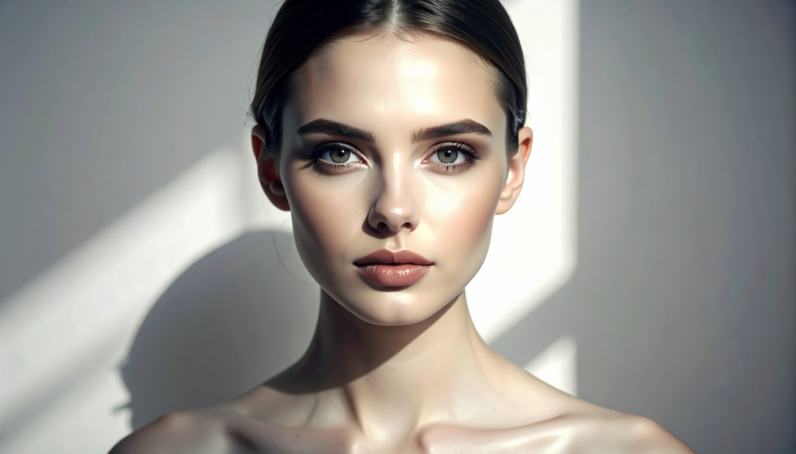 A model with flawless skin and elegant features stands against a softly lit background