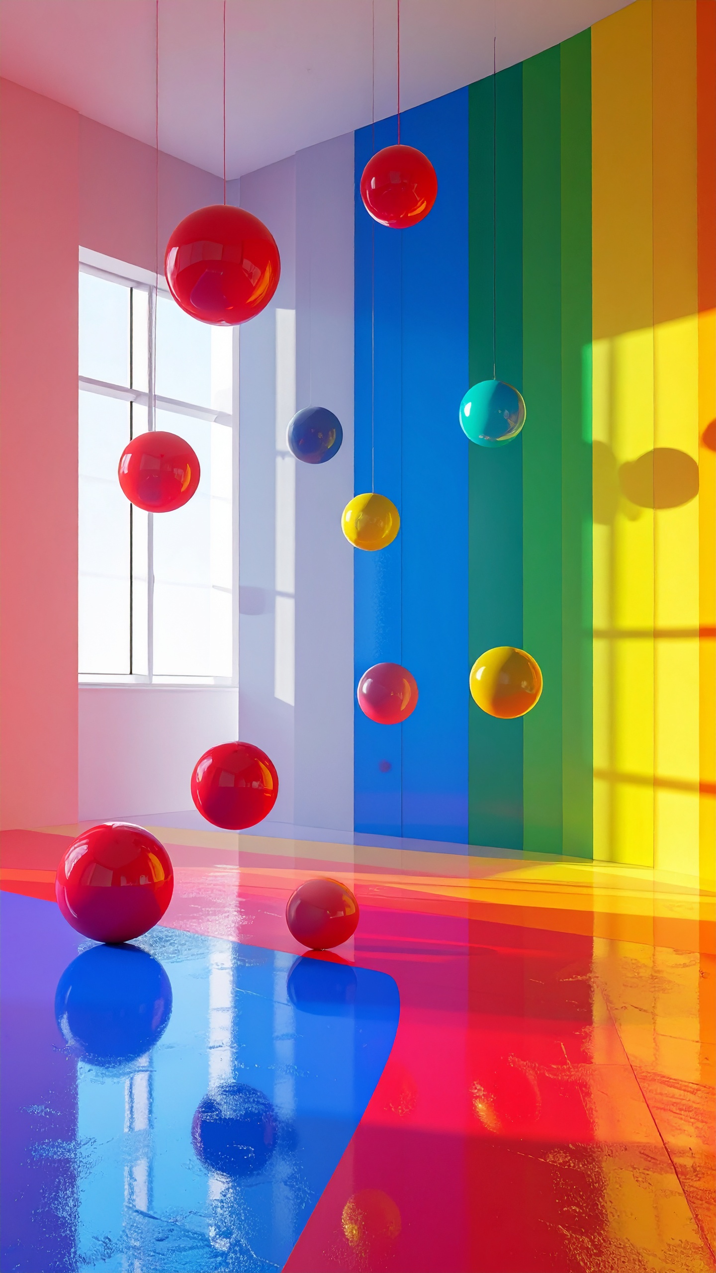 Suspended colorful spheres hang in a room with rainbow-striped walls, creating a vibrant and playful
