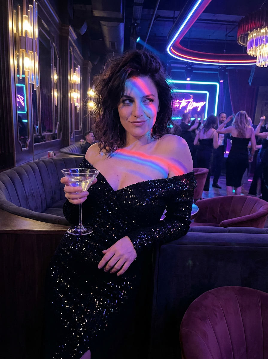 A woman in a sequined black dress holds a martini in a chic nightclub setting