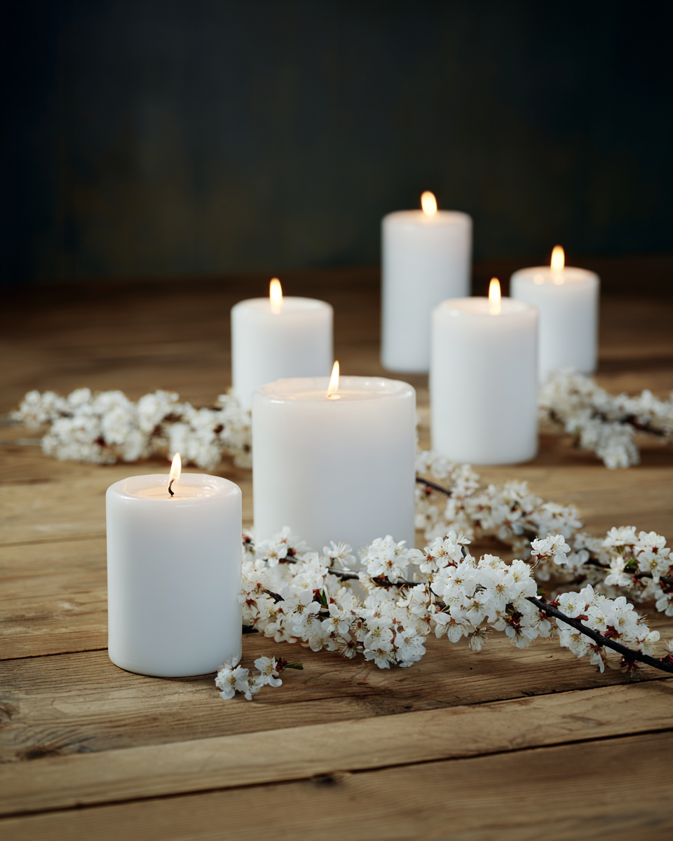 Várias velas brancas acesas em um ambiente sereno sobre uma mesa de madeira, cercadas por delicadas flores de cerejeira, criando uma atmosfera de tranquilidade e introspecção.