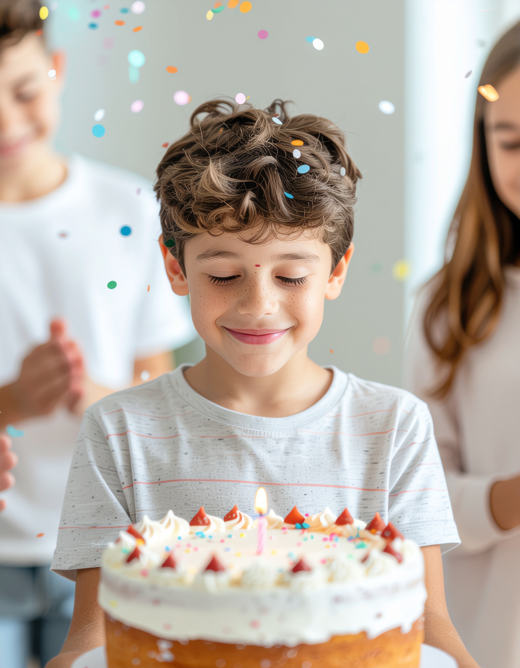 Cena de aniversário com criança sorrindo diante de bolo decorado com chantilly e confeitos coloridos. Iluminação suave e ambiente festivo, confetes flutuando no ar, criando uma atmosfera alegre e juvenil. Enquadramento centralizado destaca a expressão de felicidade no rosto da criança, com foco nítido no bolo e no rosto, enquanto o fundo permanece suavemente desfocado.