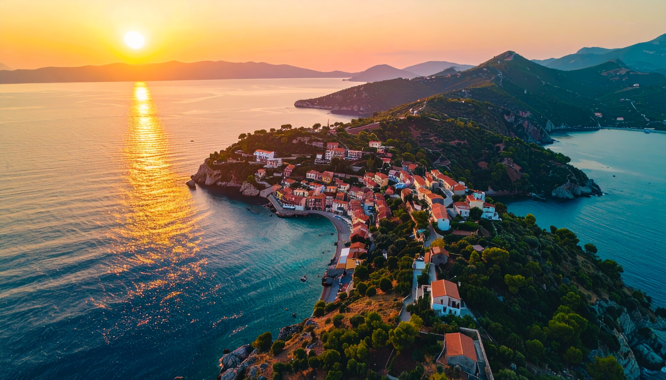Aerial View of Coastal Village at Sunset