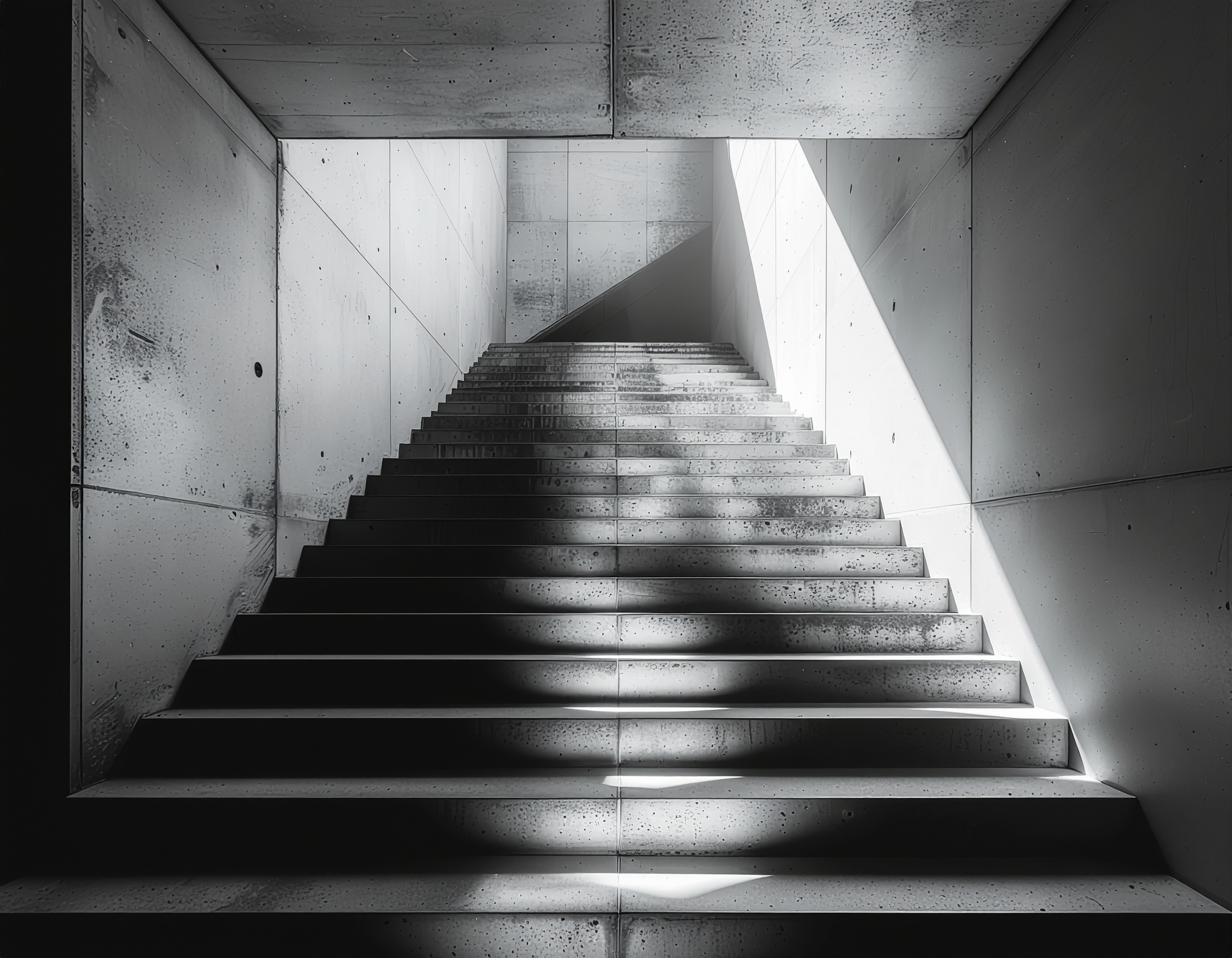 Escadaria de concreto ascendente em design minimalista e moderno. Ideal para projetos arquitetônicos que buscam destacar simplicidade e funcionalidade. A luz e sombra criam um efeito visual marcante, destacando a textura do concreto. Perfeita para uso em espaços corporativos ou residenciais que valorizam o design industrial. A integração harmoniosa da luz natural aumenta o apelo estético e a sensação de amplitude.