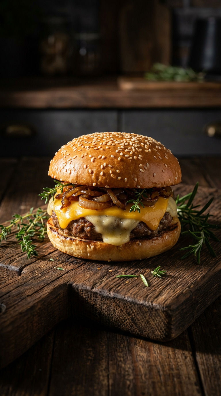 A gourmet cheeseburger rests on a rustic wooden board
