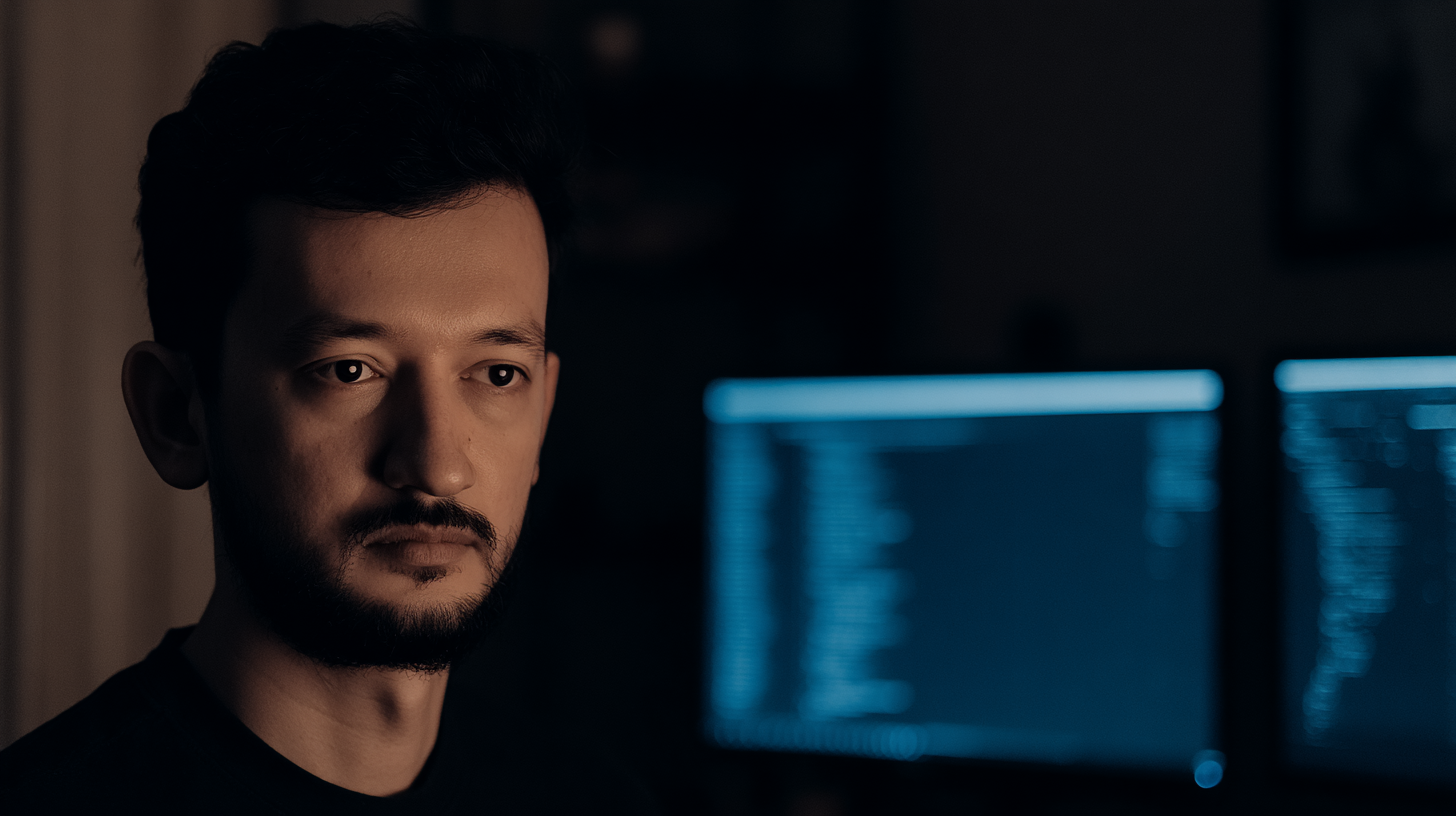 Homem pensativo em ambiente escuro de tecnologia com monitores exibindo códigos ao fundo, transmitindo concentração e foco em trabalho noturno de programação.