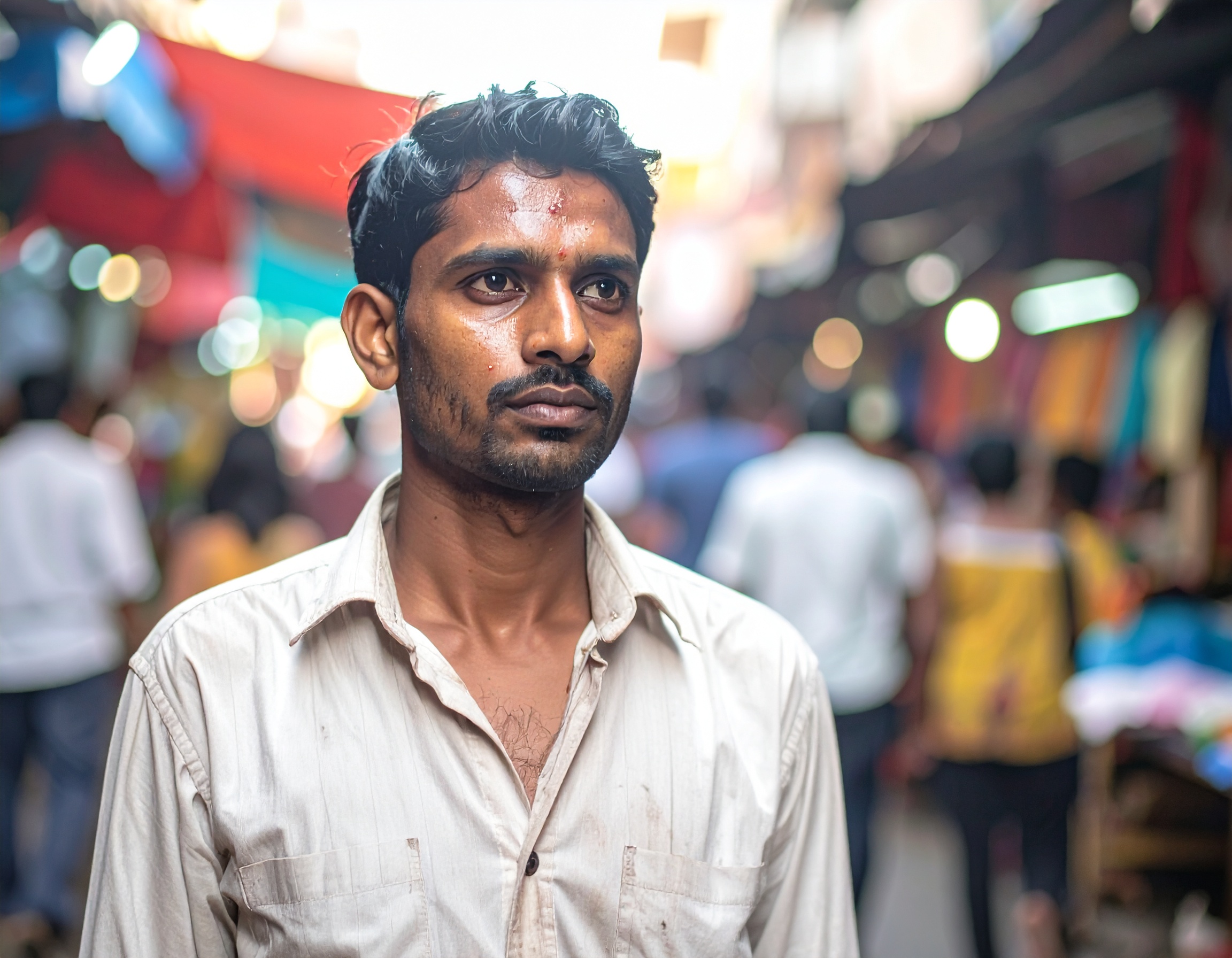 A man stands in a bustling market street, surrounded by colorful stalls and blurred crowds