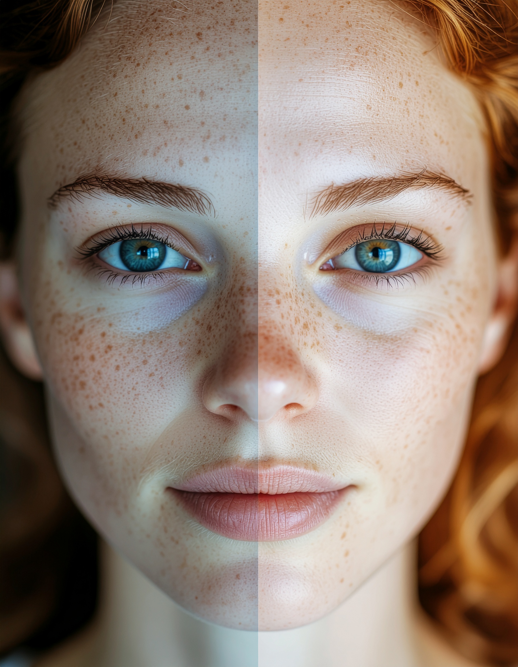 Retrato de close-up de um rosto feminino dividido simetricamente, destacando diferenças de iluminação e tonalidade de pele, com foco nítido nos olhos azuis e sardas, enfatizando textura e contraste.