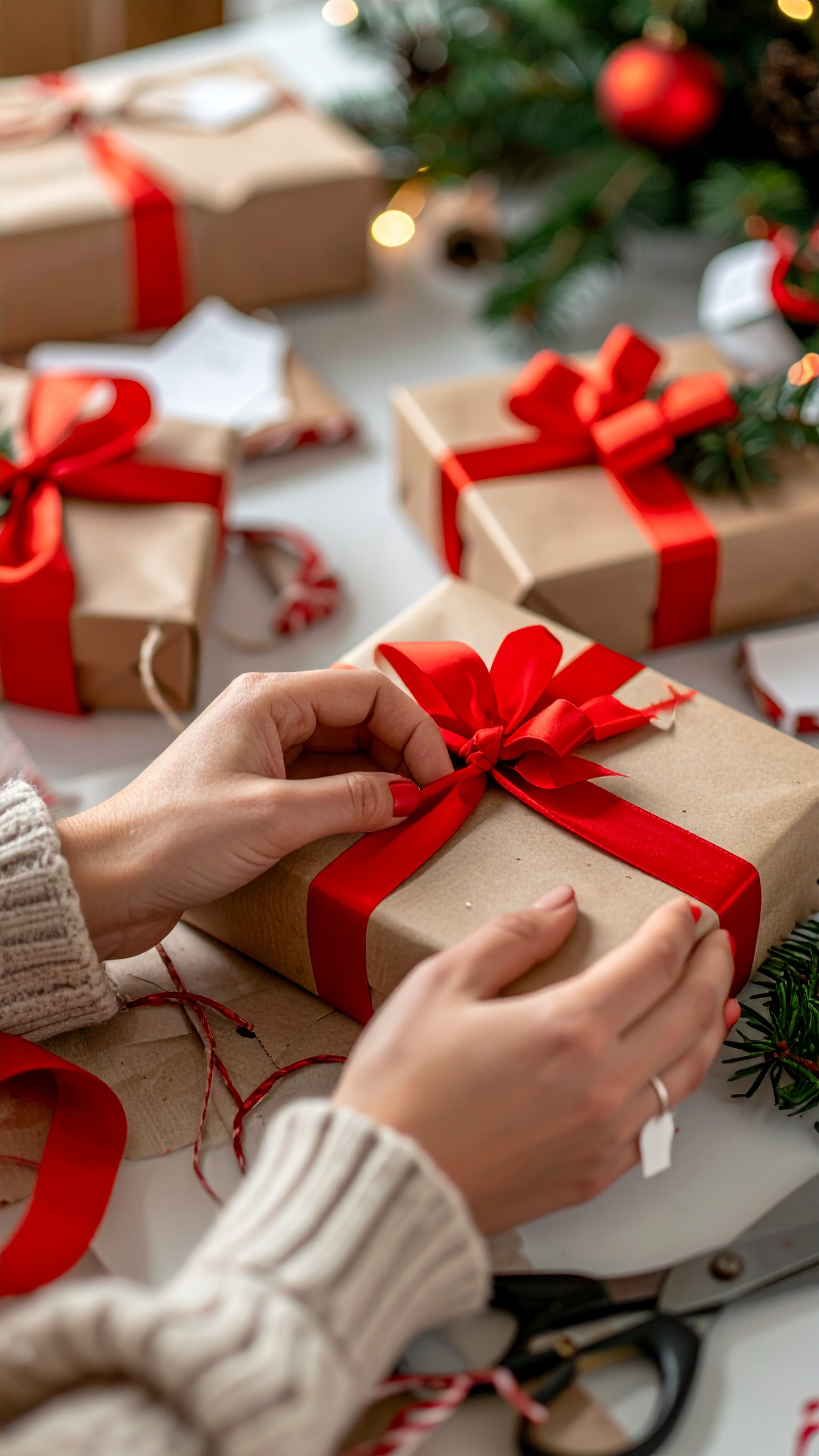 Gift Wrapped in Kraft Paper with Red Ribbon in Festive Setting