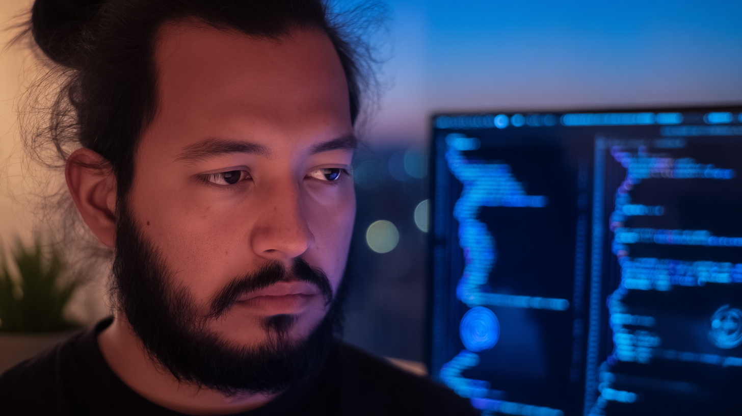 Um programador concentrado observa a tela com códigos em ambiente noturno, iluminado por luz azul suave, transmitindo um clima de foco e criatividade tecnológica.