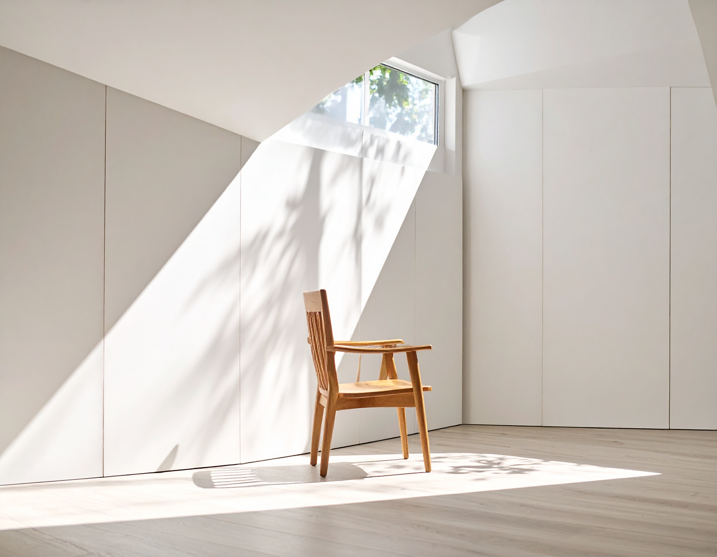 A wooden chair sits in a sunlit, minimalist room with light streaming through a window