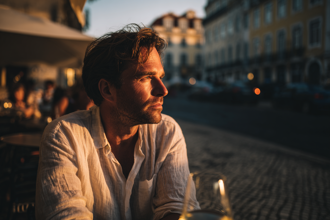 Um homem contemplativo sentado em um café ao ar livre durante o pôr do sol, com um copo de vinho à sua frente. A luz suave do entardecer ilumina seu rosto, destacando sua expressão pensativa em um ambiente urbano.